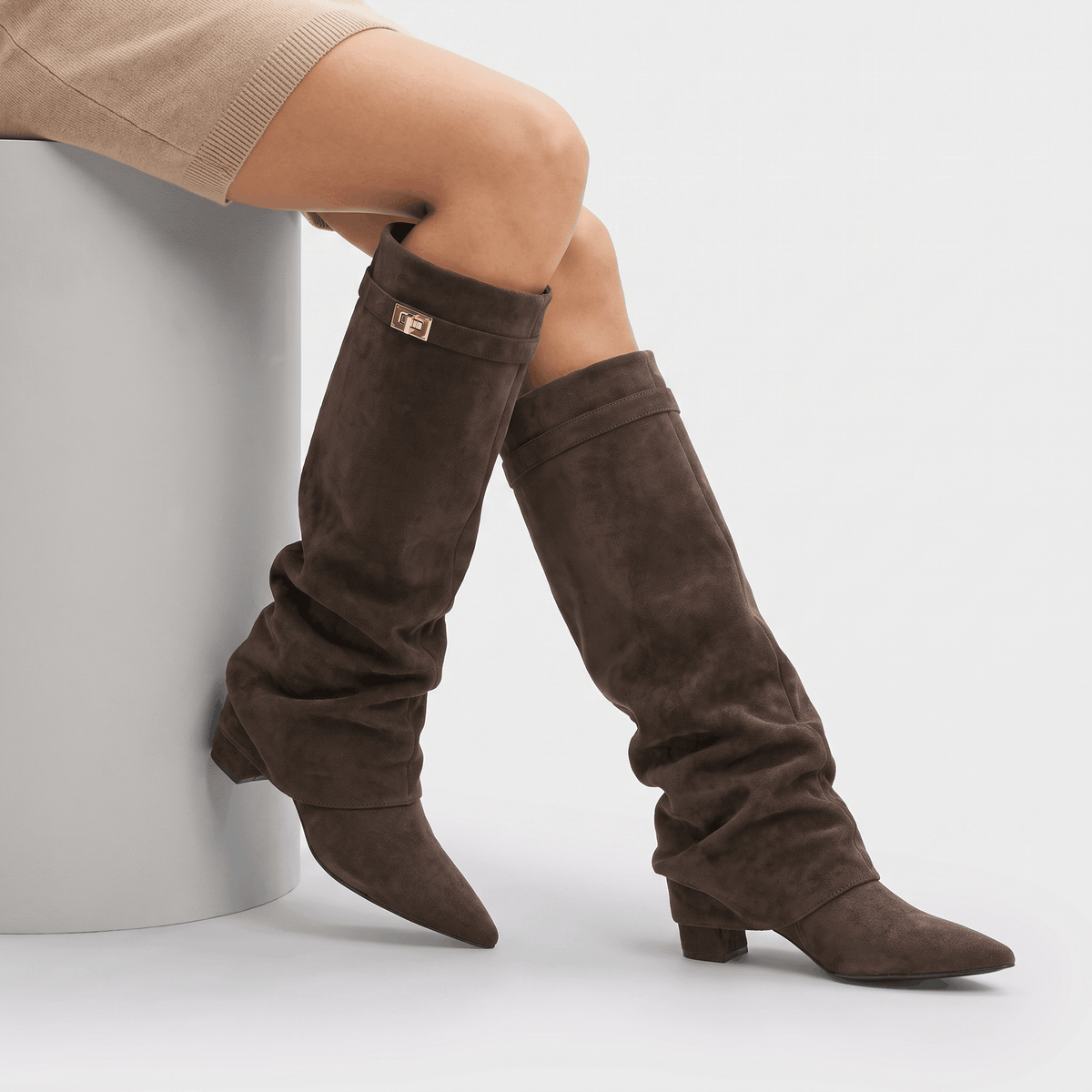 Suede Fold-Over Knee-High Boots for Women – Pointed-Toe & Side Zip | Vicky