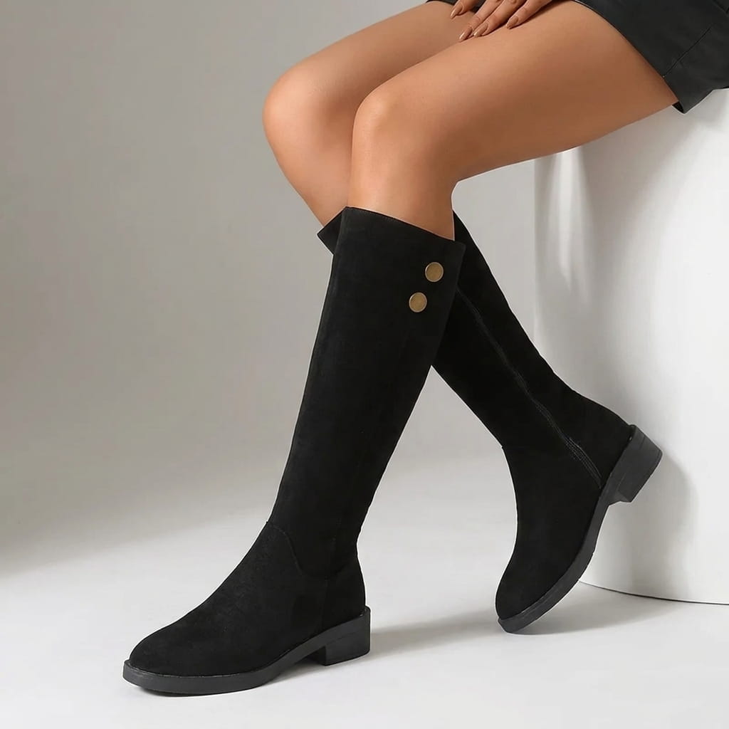 Suede Knee-High Boots for Women – Full Side Zip, Low Block Heel & Round Toe | Liora