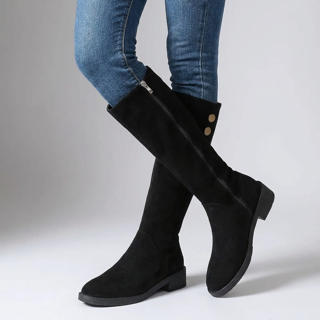 Suede Knee-High Boots for Women – Full Side Zip, Low Block Heel & Round Toe | Liora