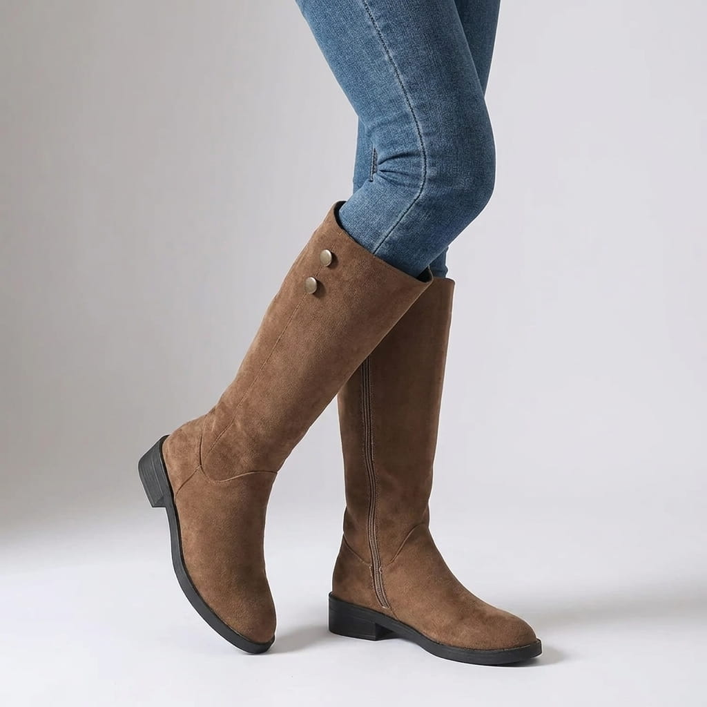 Suede Knee-High Boots for Women – Full Side Zip, Low Block Heel & Round Toe | Liora