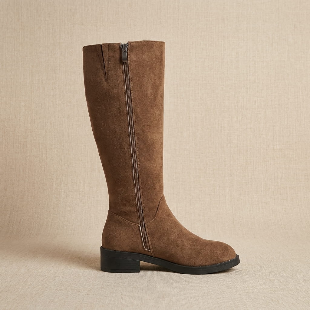 Suede Knee-High Boots for Women – Full Side Zip, Low Block Heel & Round Toe | Liora