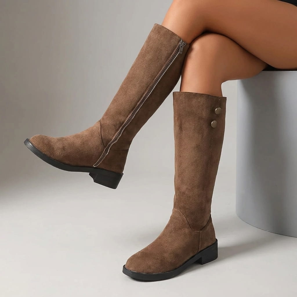 Suede Knee-High Boots for Women – Full Side Zip, Low Block Heel & Round Toe | Liora