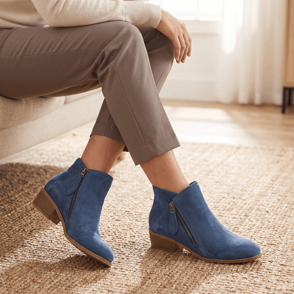 Suede Side Zip Ankle Boots for Women – Block Heel & Cushioned Insole | Nerisa