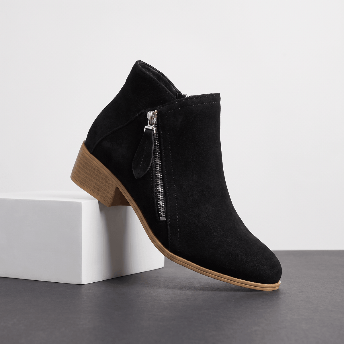 Suede Side Zip Ankle Boots for Women – Block Heel & Cushioned Insole | Nerisa