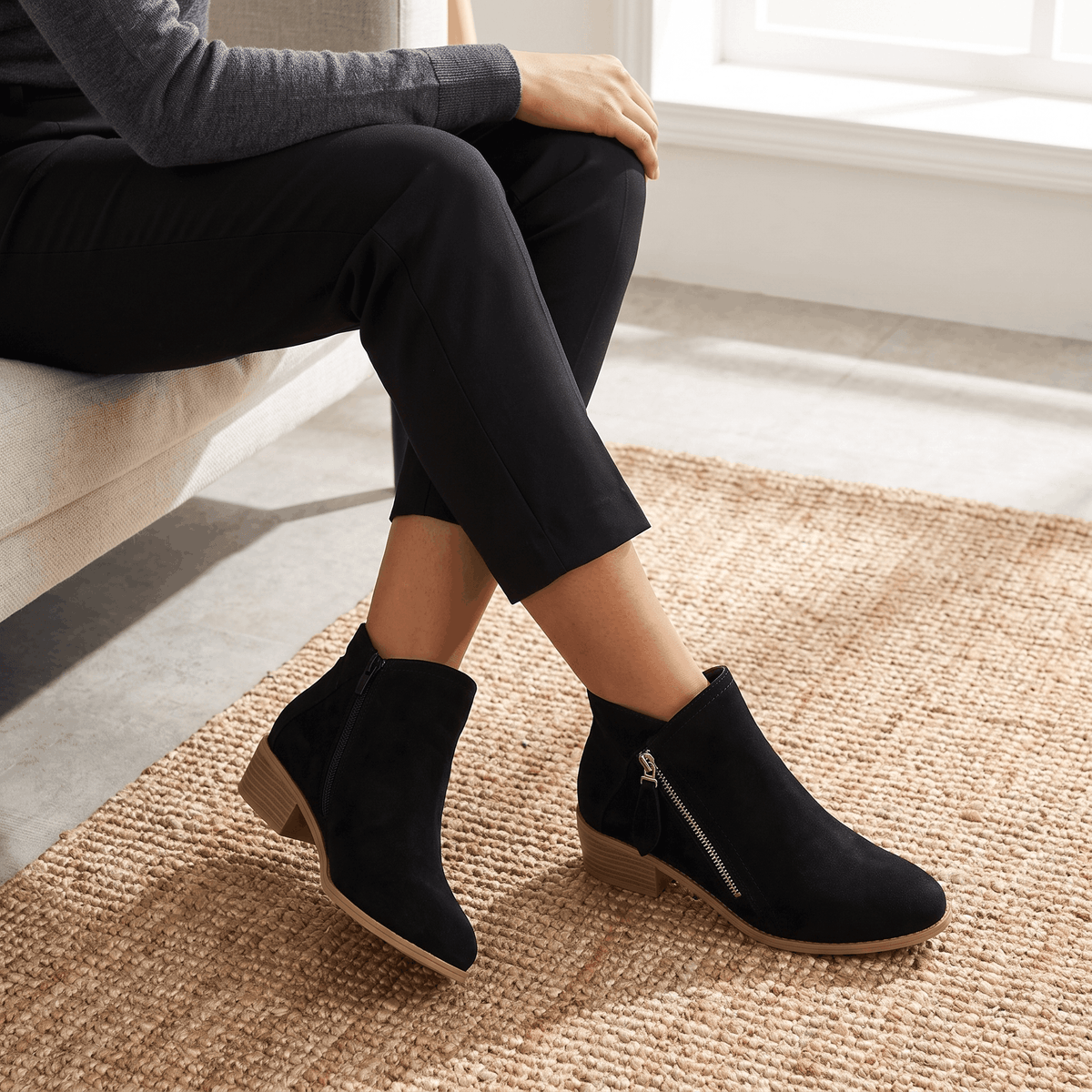 Suede Side Zip Ankle Boots for Women – Block Heel & Cushioned Insole | Nerisa