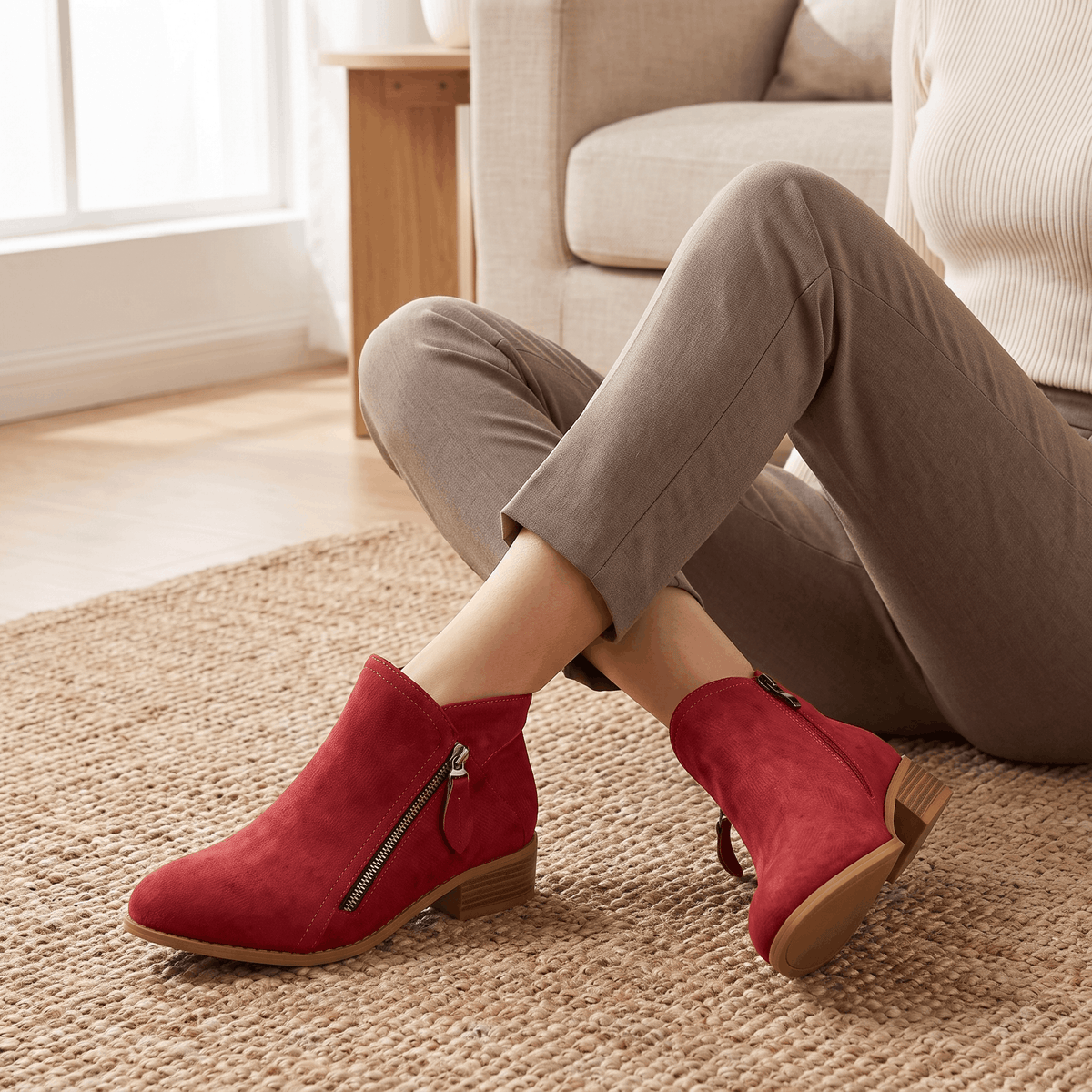 Suede Side Zip Ankle Boots for Women – Block Heel & Cushioned Insole | Nerisa