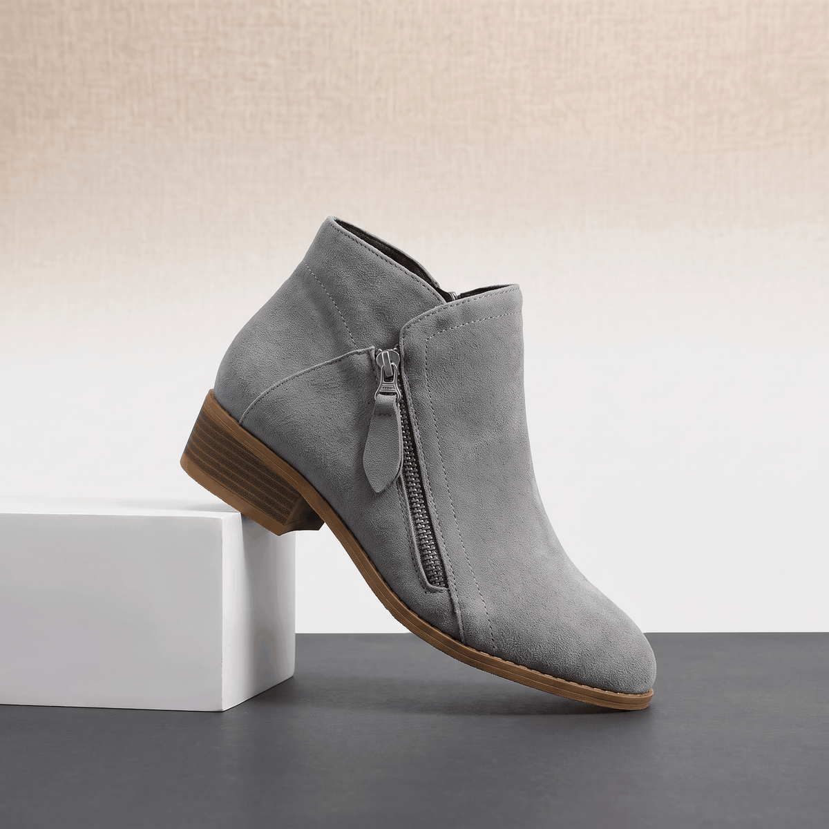Suede Side Zip Ankle Boots for Women – Block Heel & Cushioned Insole | Nerisa