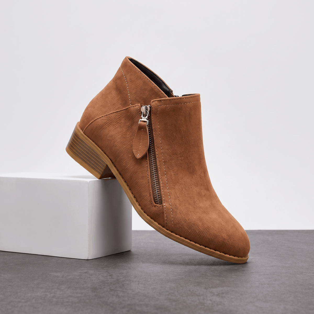 Suede Side Zip Ankle Boots for Women – Block Heel & Cushioned Insole | Nerisa