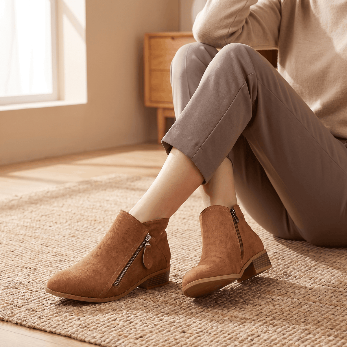 Suede Side Zip Ankle Boots for Women – Block Heel & Cushioned Insole | Nerisa