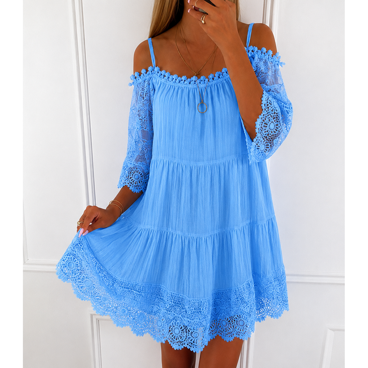 Women's Summer Homecoming Mini Dress with Cold Shoulder and Bell Sleeves