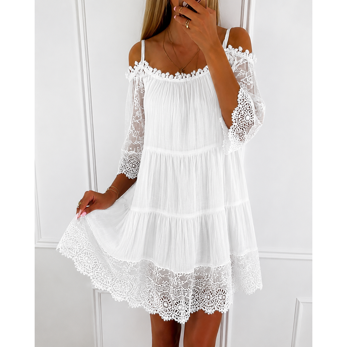 Women's Summer Homecoming Mini Dress with Cold Shoulder and Bell Sleeves
