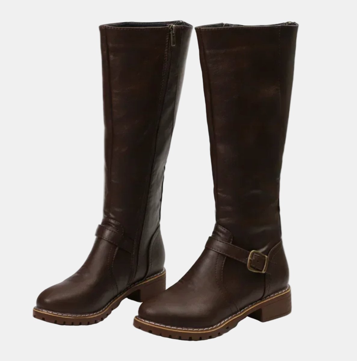 Charlotte | Women's Tall Riding Knee High Boots Buckle Strap Low Heel