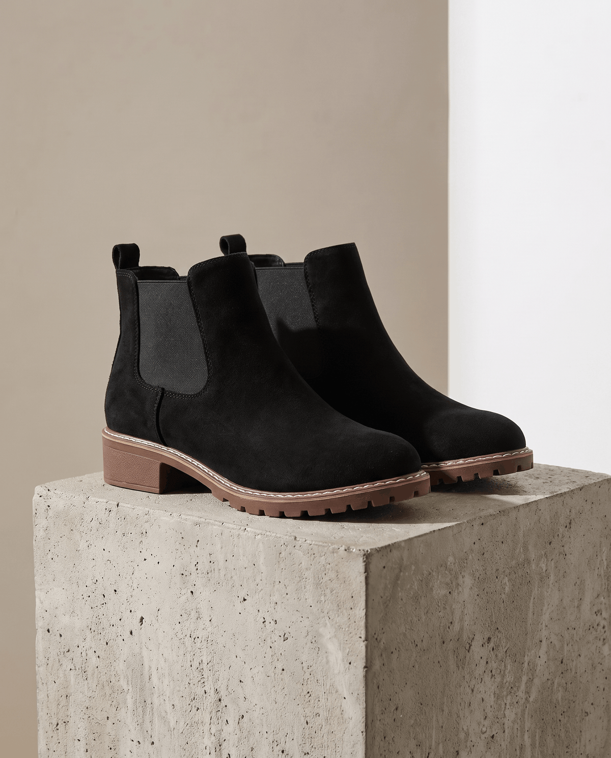 Vegan Suede Lug Sole Chelsea Boots for Women – Block Heel & Welt Trim | Lena