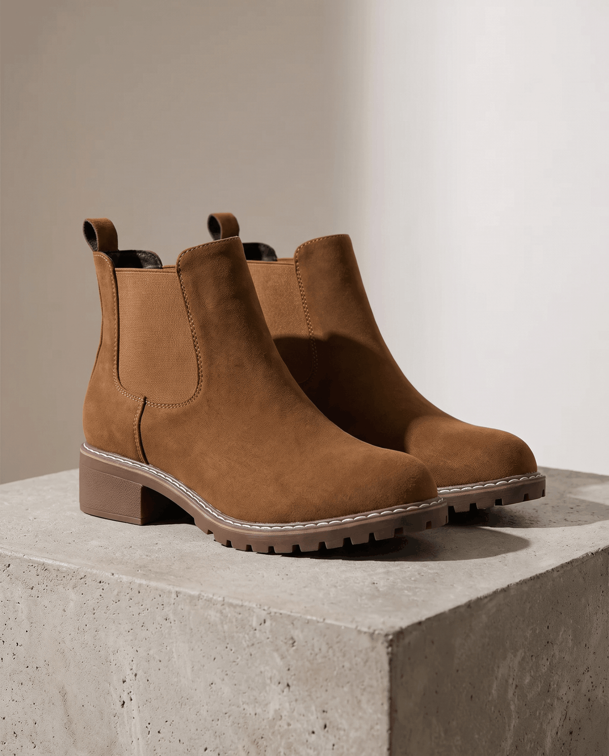 Vegan Suede Lug Sole Chelsea Boots for Women – Block Heel & Welt Trim | Lena