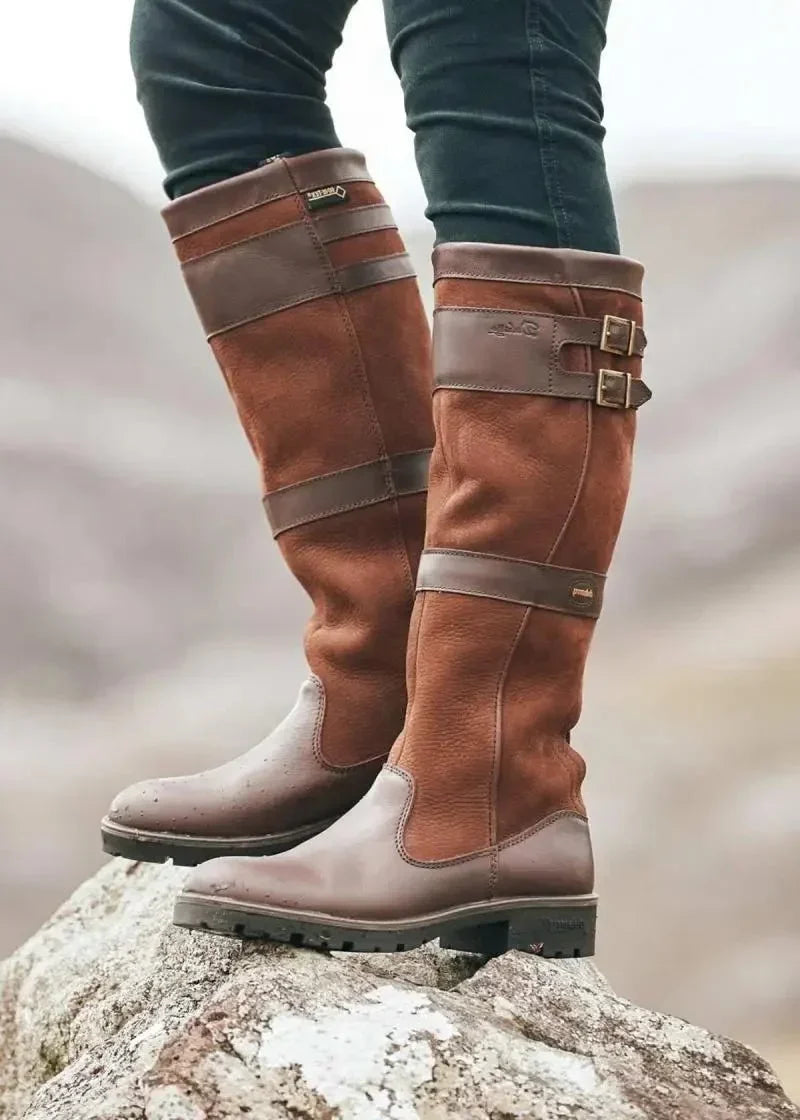 Women's waterproof boots knee high pull-on leather