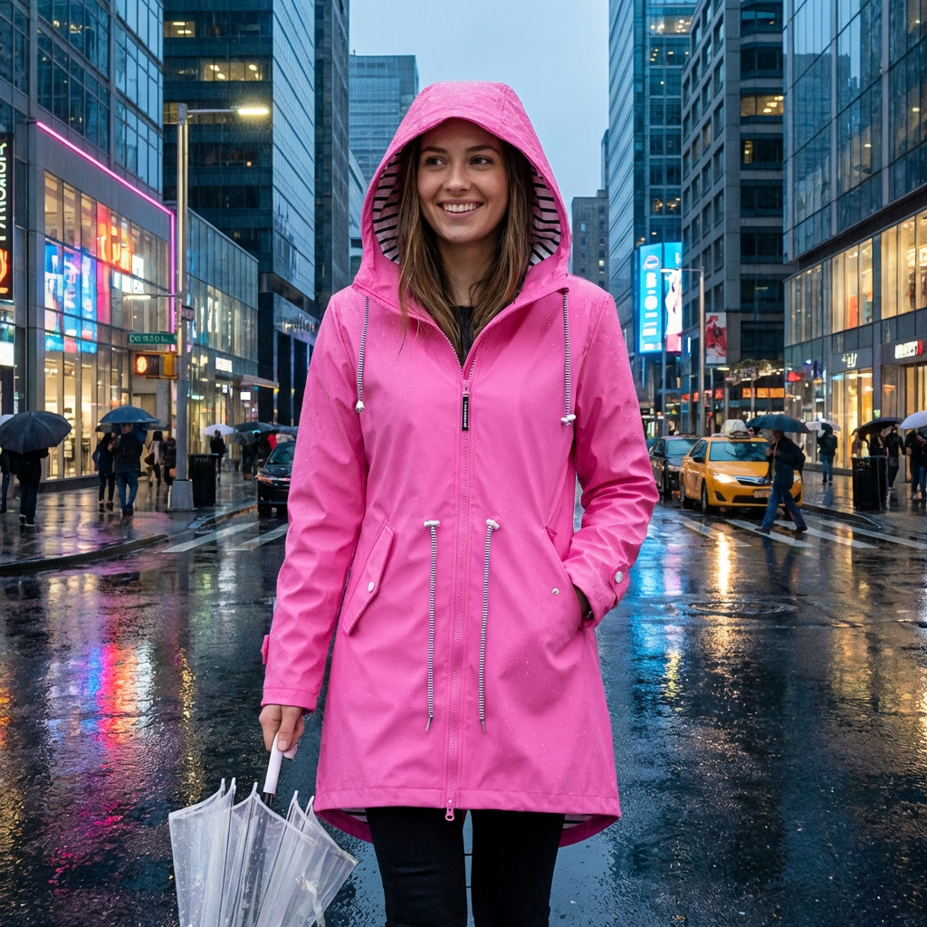 Women's Waterproof Rain Jacket with Drawstring Hood and Striped Lining