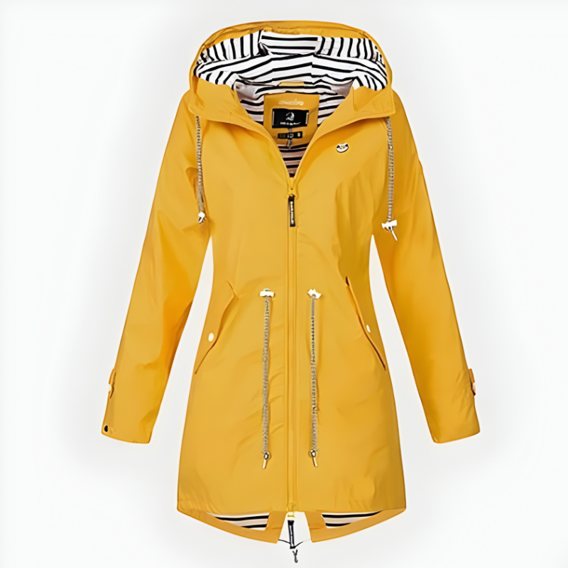 Women's Waterproof Rain Jacket with Drawstring Hood and Striped Lining