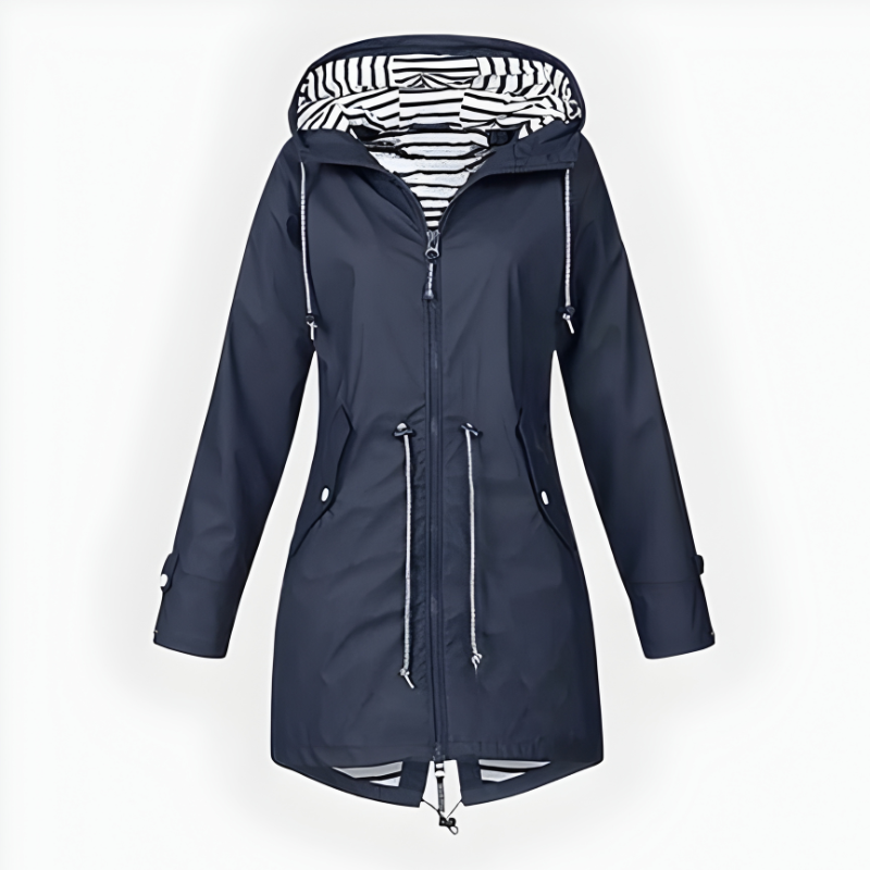 Women's Waterproof Rain Jacket with Drawstring Hood and Striped Lining