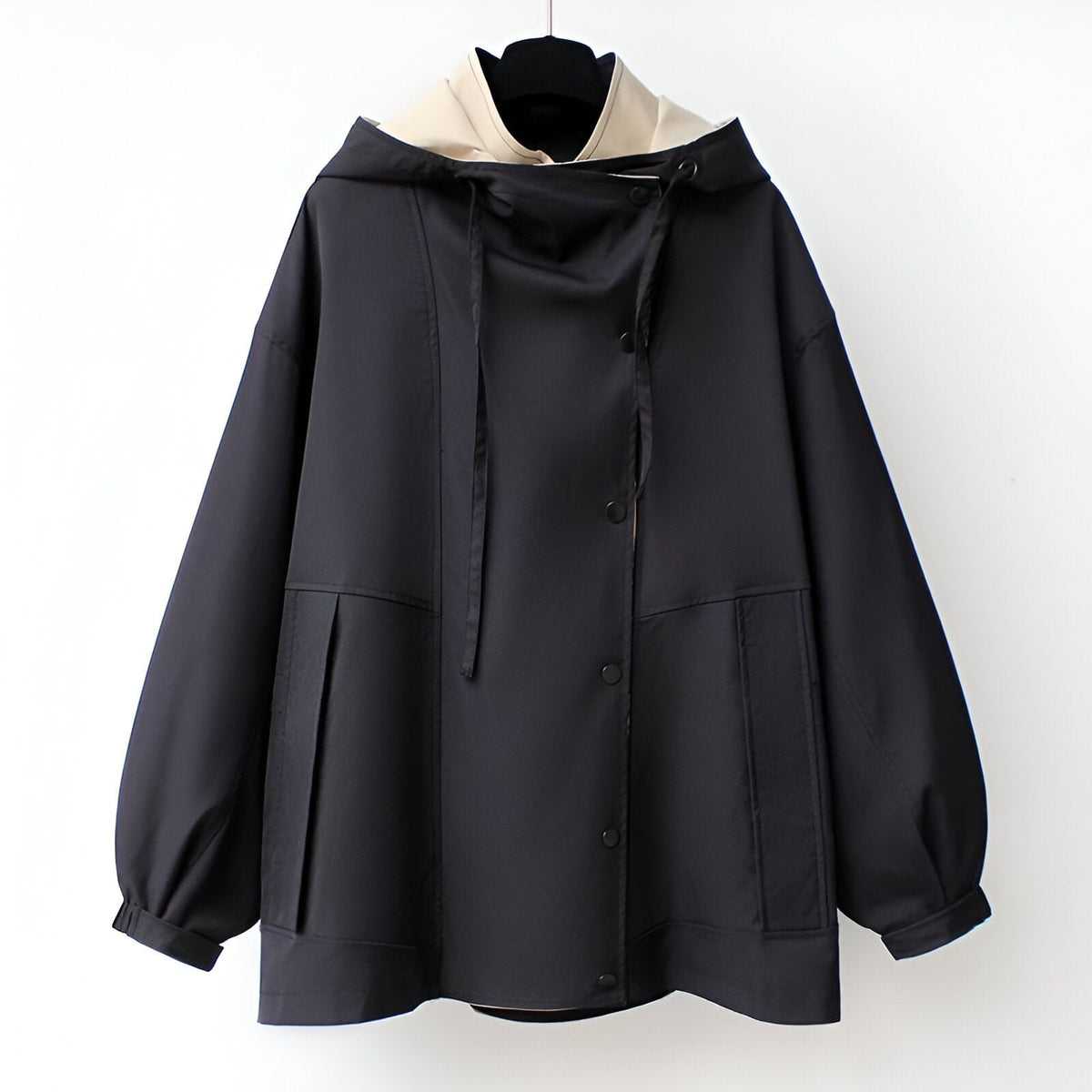 Women's Windbreaker Jacket with Double-Layer Hood and Drawstring Waist