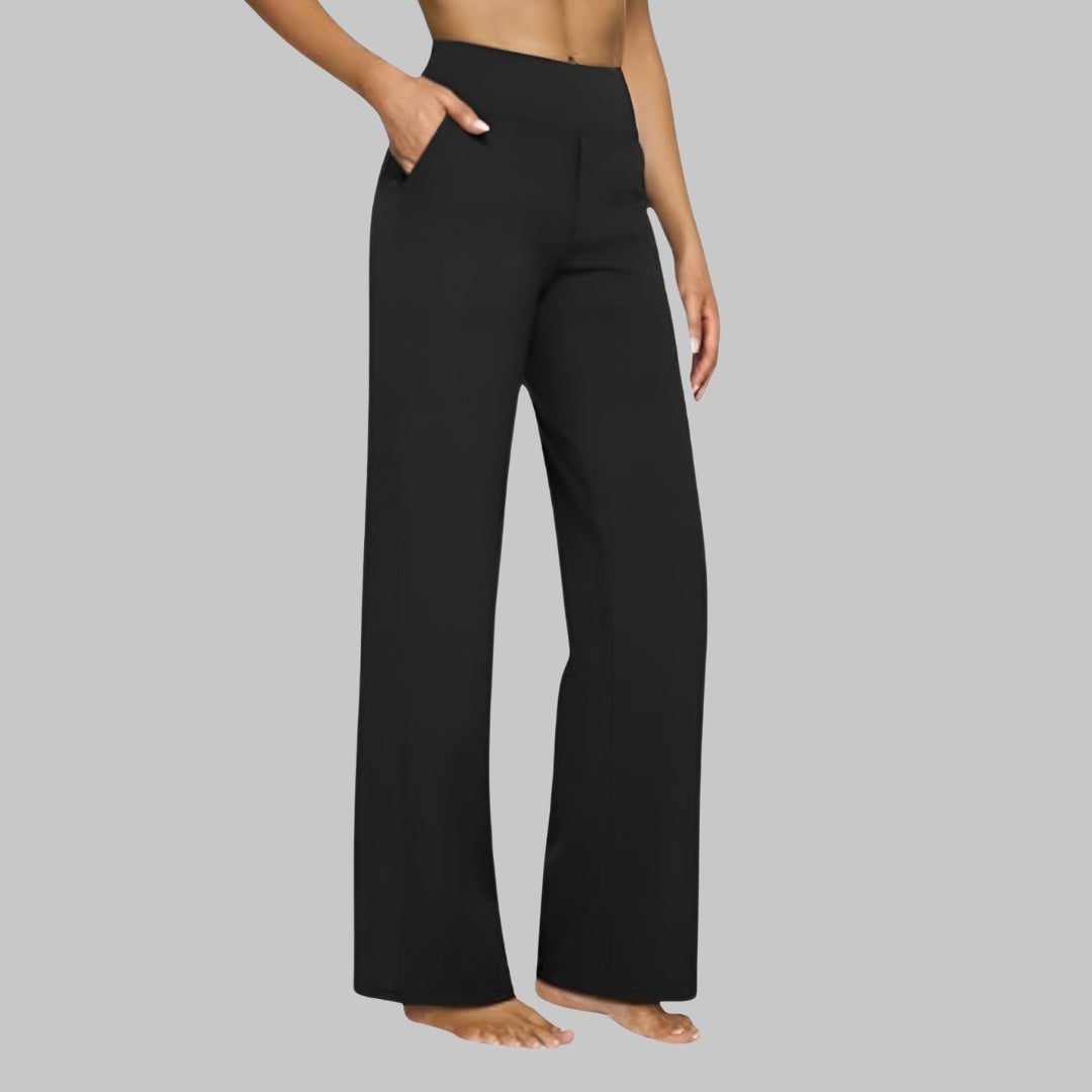 Women's Wide Leg Pull on High Waisted Pants with Elastic Waist and Stretch Fabric