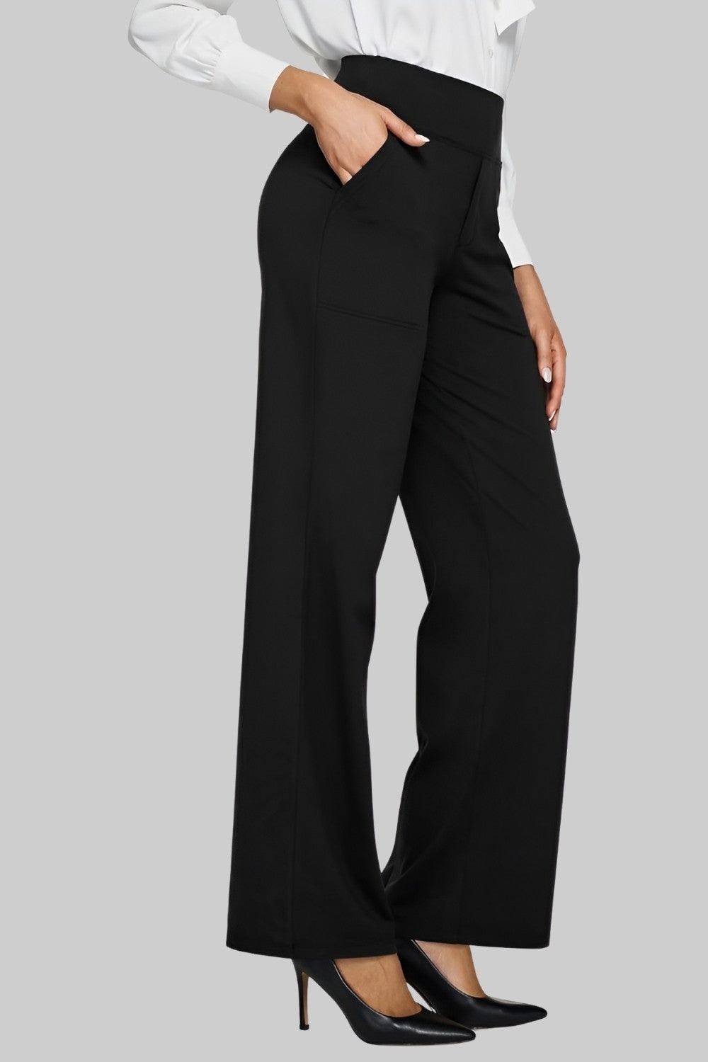 Women's Wide Leg Pull on High Waisted Pants with Elastic Waist and Stretch Fabric