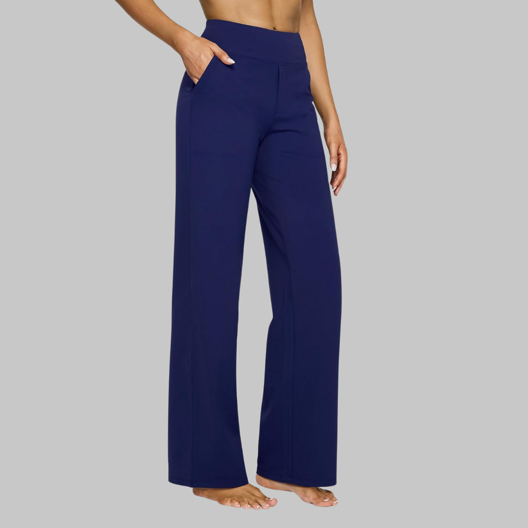 Women's Wide Leg Pull on High Waisted Pants with Elastic Waist and Stretch Fabric