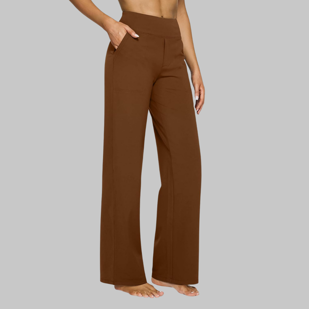 Women's Wide Leg Pull on High Waisted Pants with Elastic Waist and Stretch Fabric