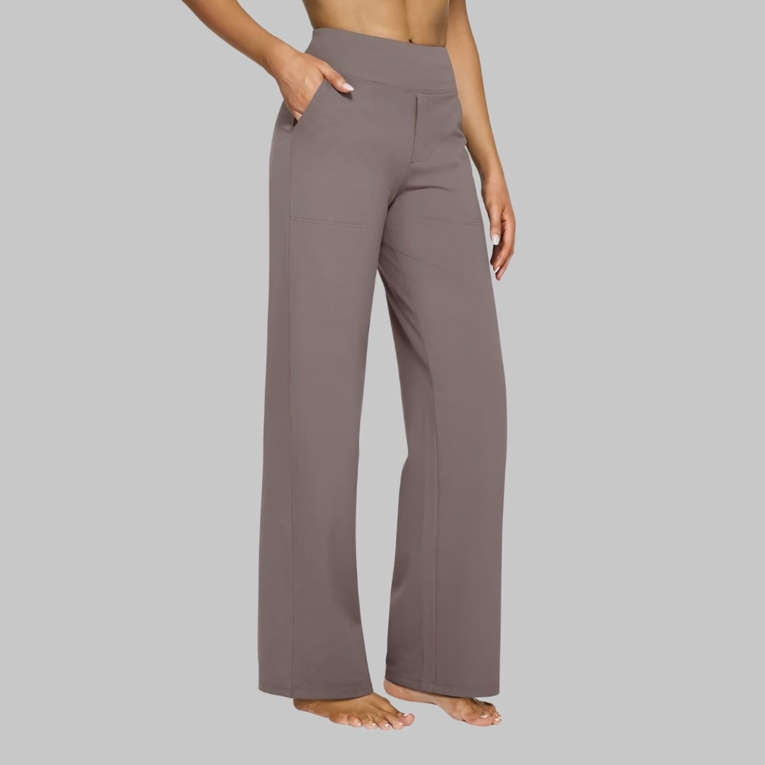 Women's Wide Leg Pull on High Waisted Pants with Elastic Waist and Stretch Fabric