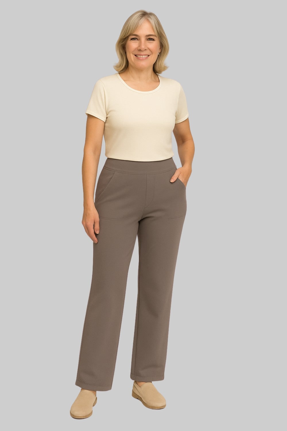 Women's Wide Leg Pull on High Waisted Pants with Elastic Waist and Stretch Fabric