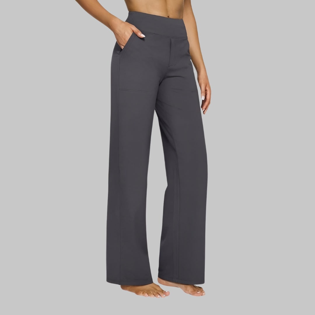 Women's Wide Leg Pull on High Waisted Pants with Elastic Waist and Stretch Fabric