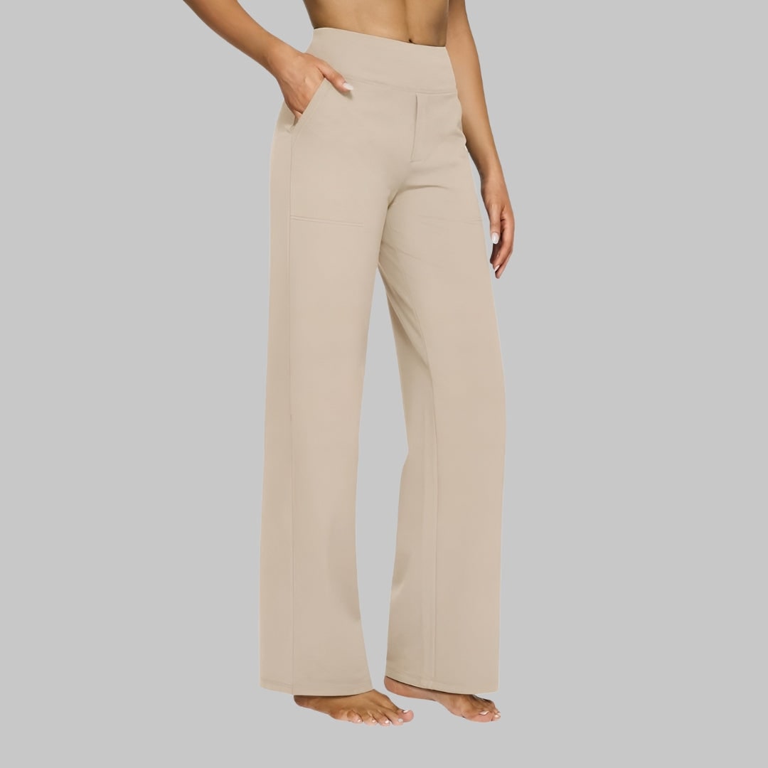 Women's Wide Leg Pull on High Waisted Pants with Elastic Waist and Stretch Fabric