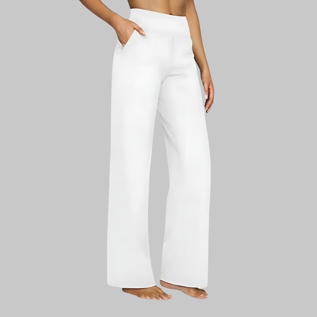Women's Wide Leg Pull on High Waisted Pants with Elastic Waist and Stretch Fabric