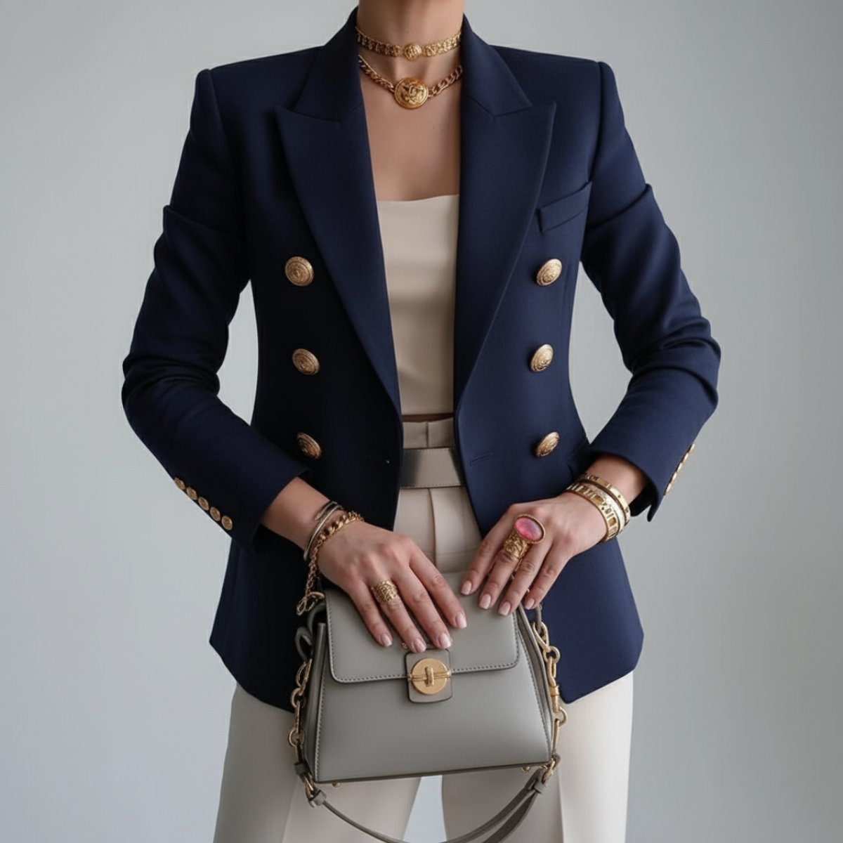 Violet | Double-Breasted Gold Button Notch Lapel Blazer