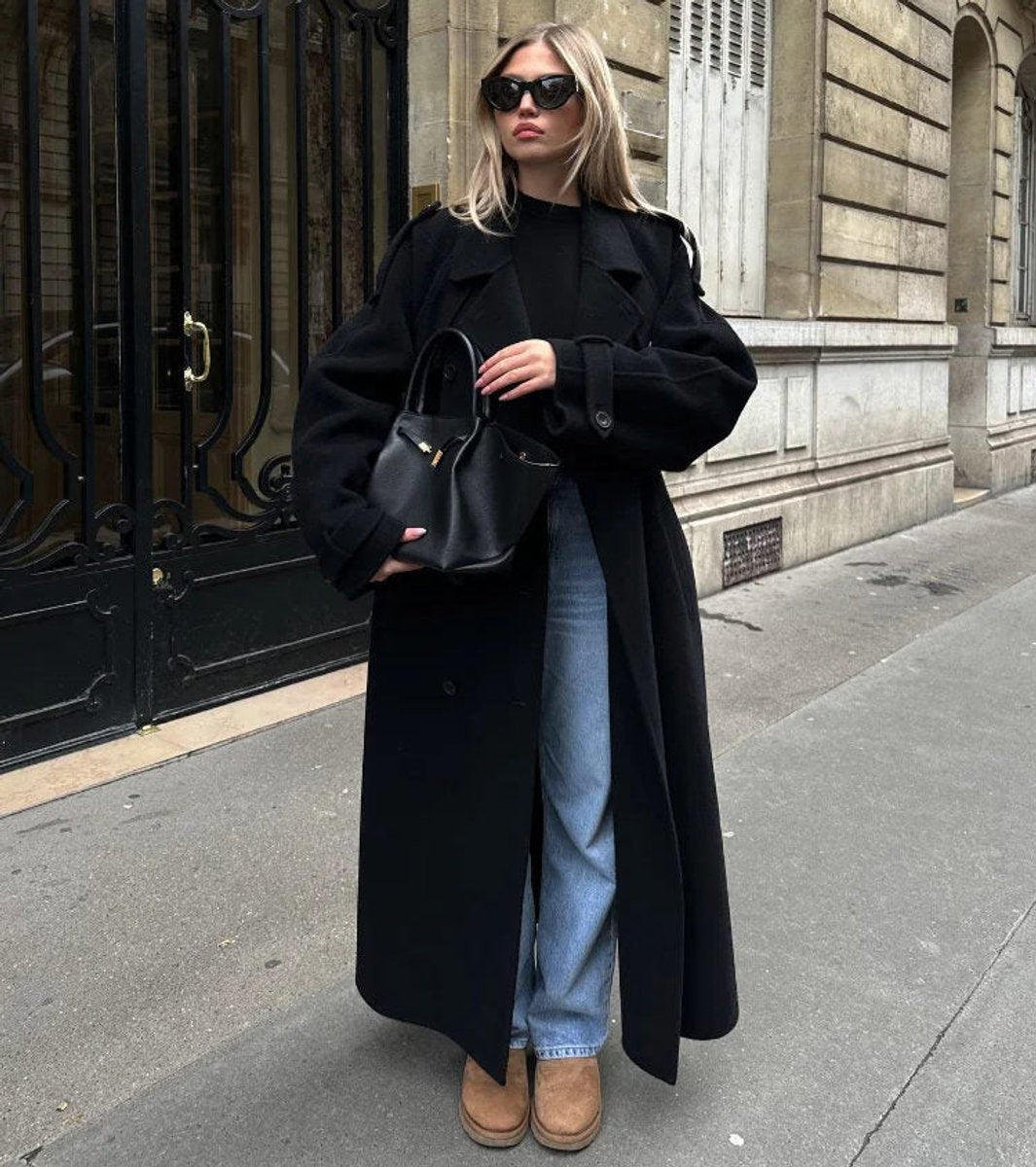 Bridget | Long Double-Breasted Belted Wool-Look Trench Coat