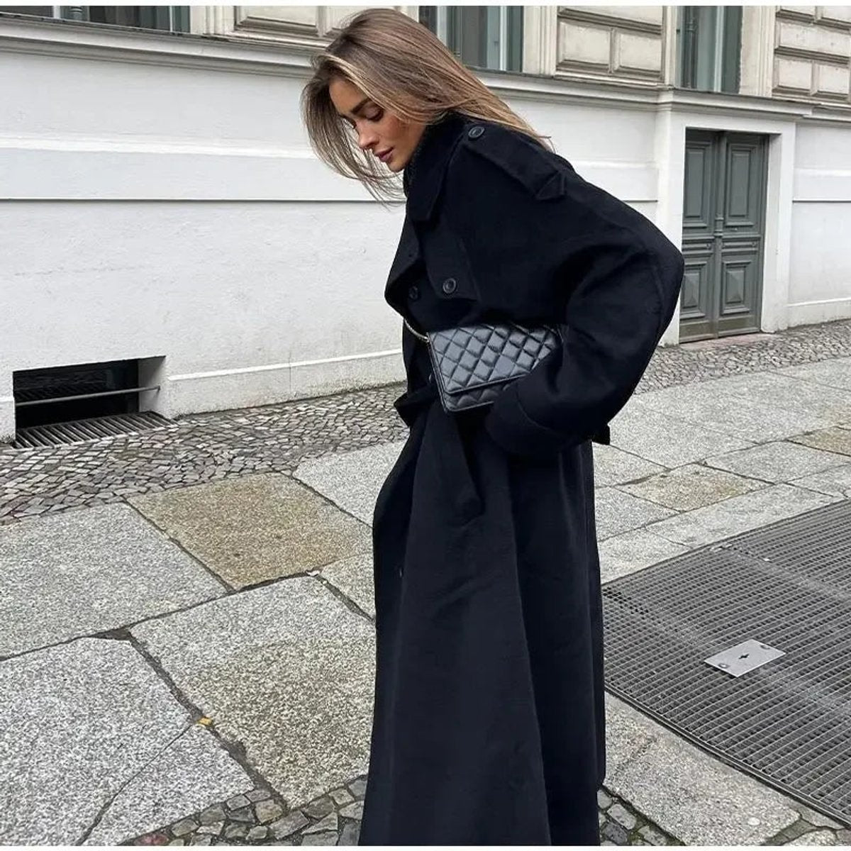 Bridget | Long Double-Breasted Belted Wool-Look Trench Coat