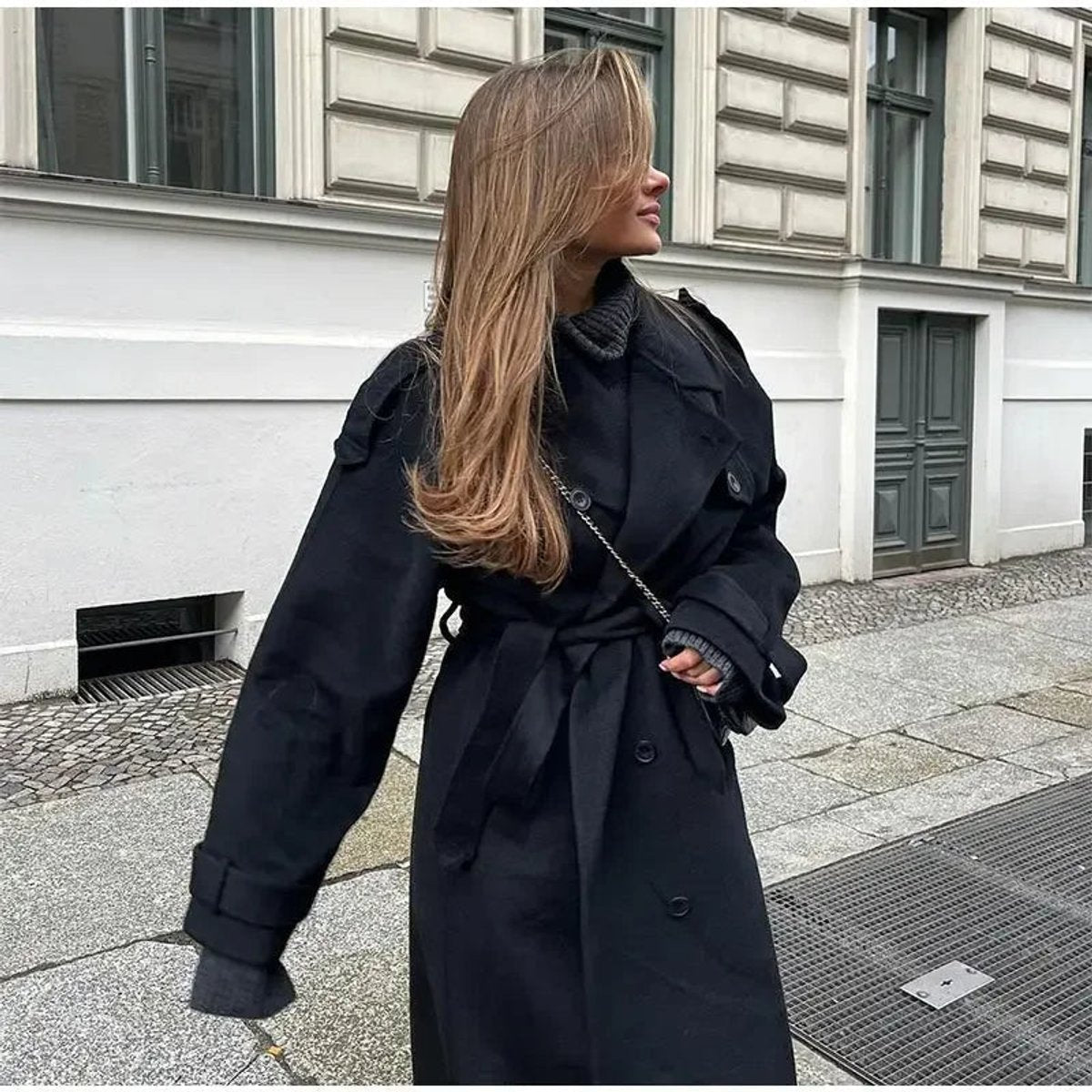 Bridget | Long Double-Breasted Belted Wool-Look Trench Coat