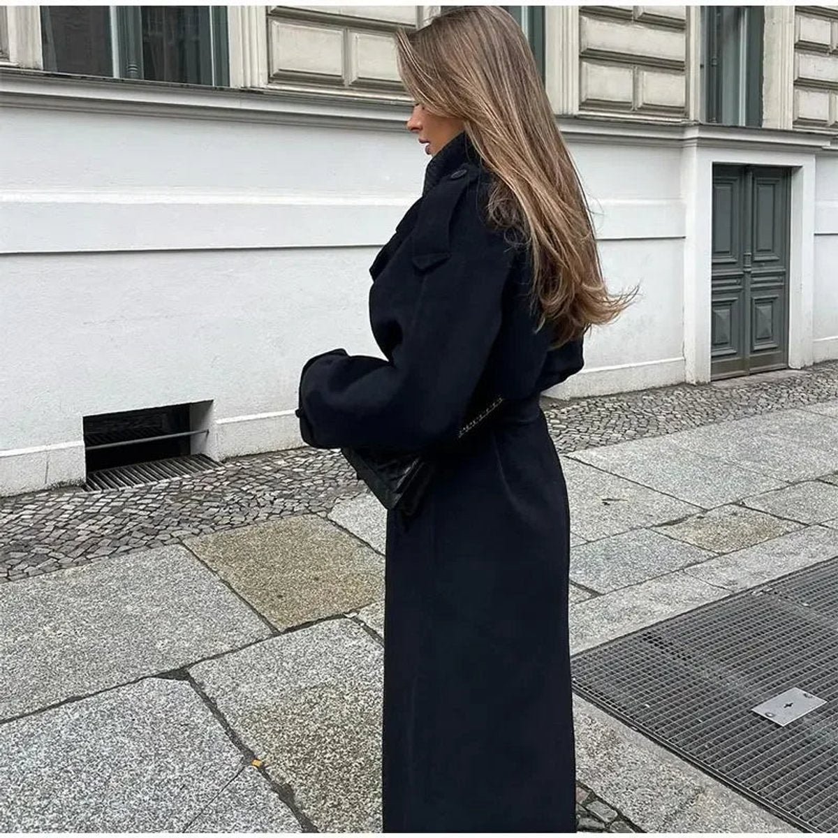 Bridget | Long Double-Breasted Belted Wool-Look Trench Coat