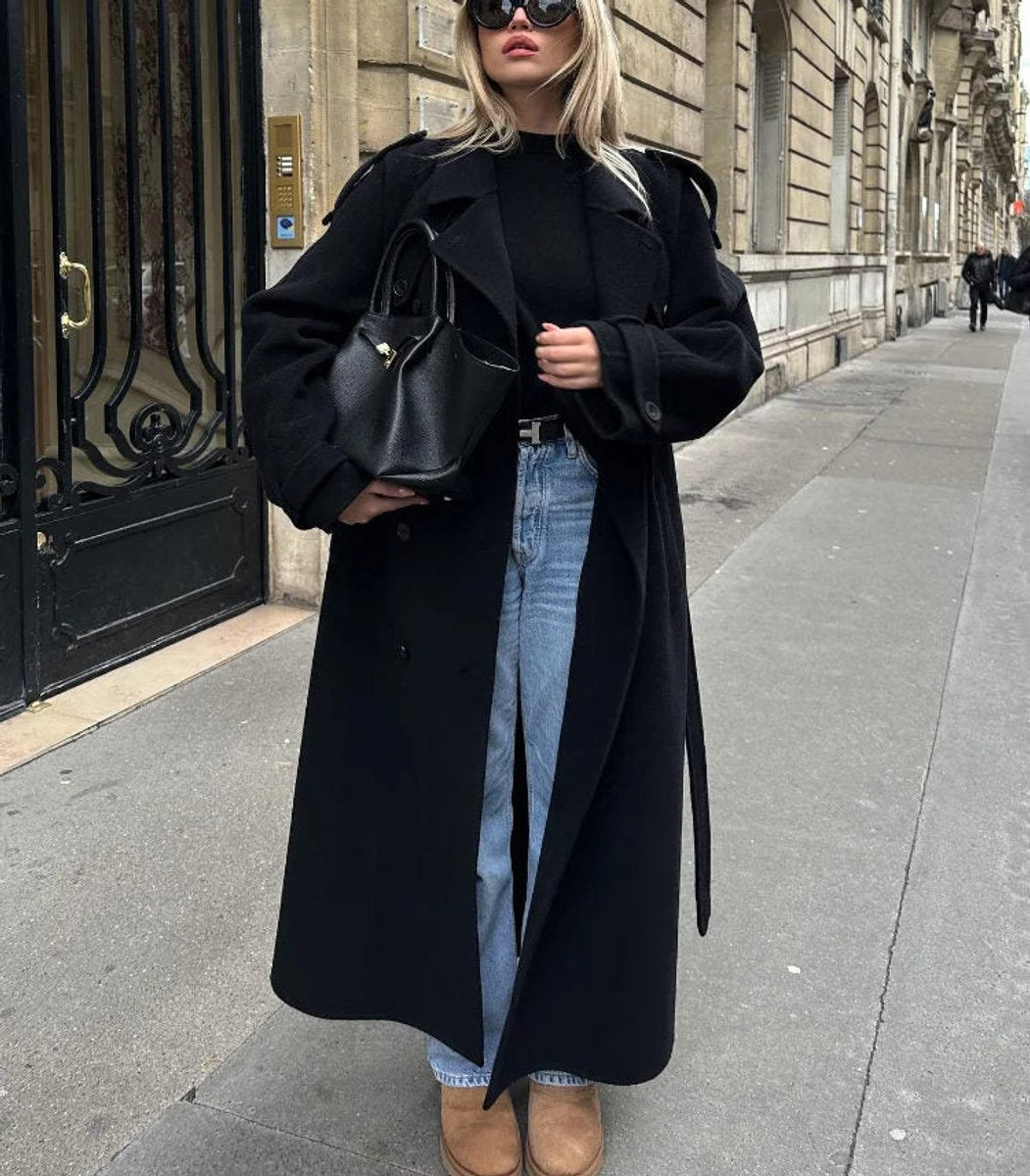 Bridget | Long Double-Breasted Belted Wool-Look Trench Coat