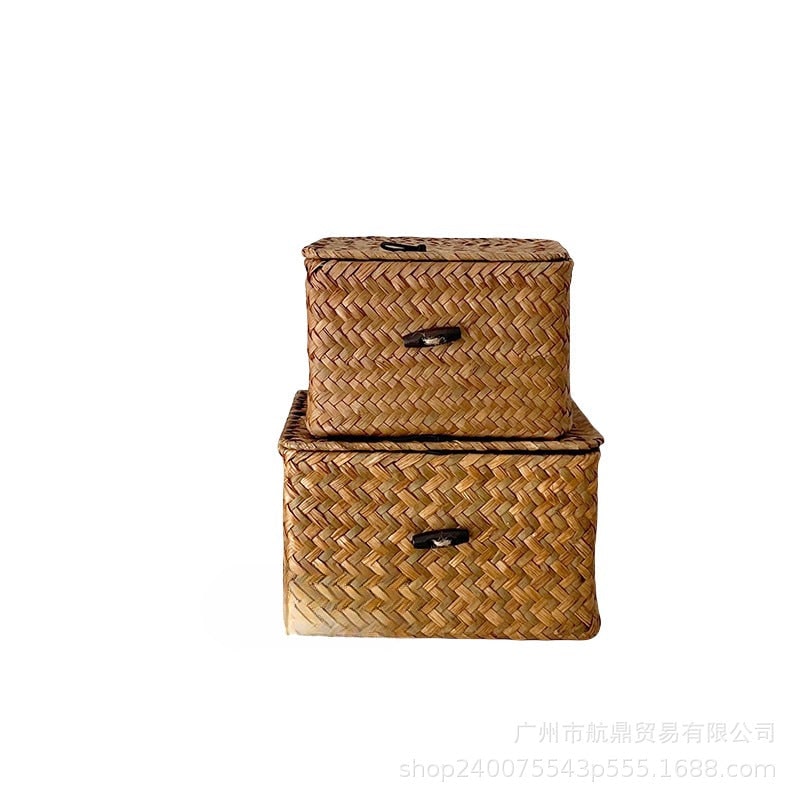 Large Woven Seagrass Storage Basket with Lid and Hinged Closure