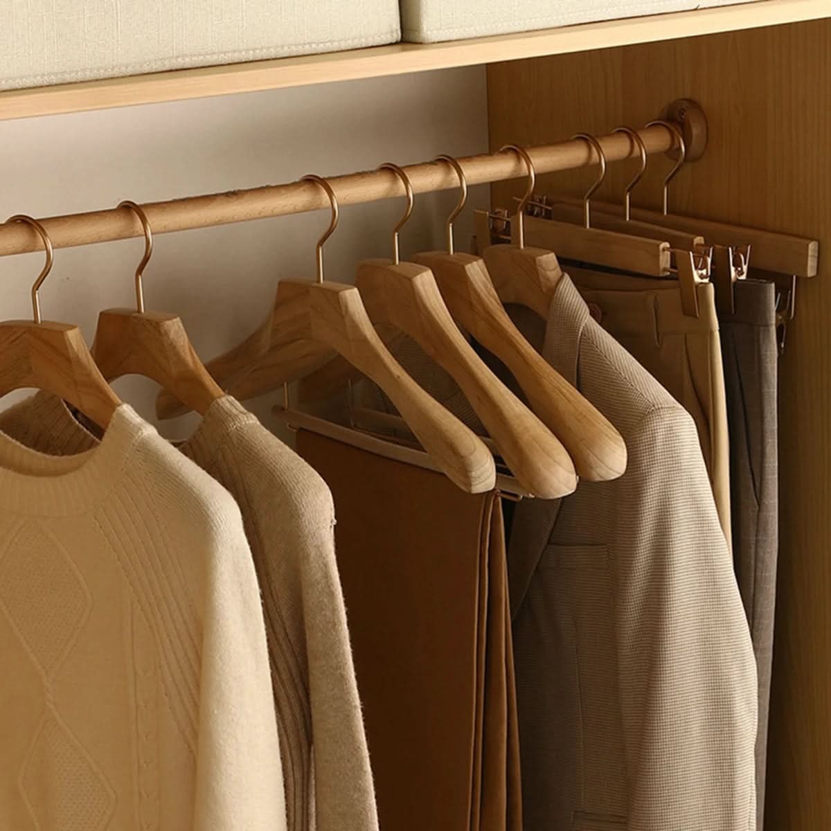 Wooden Clothes Hangers with Shoulders and Bar for Closet Organization