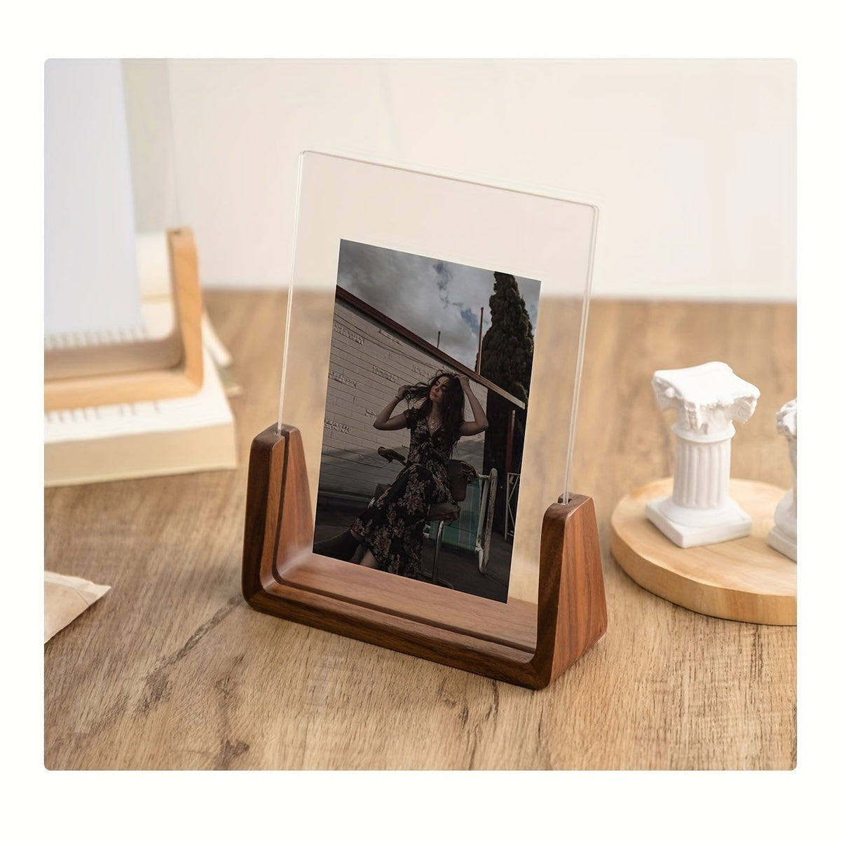 Wooden Tabletop Picture Frame with U-Shaped Base and Clear Acrylic Panels 11 X 14