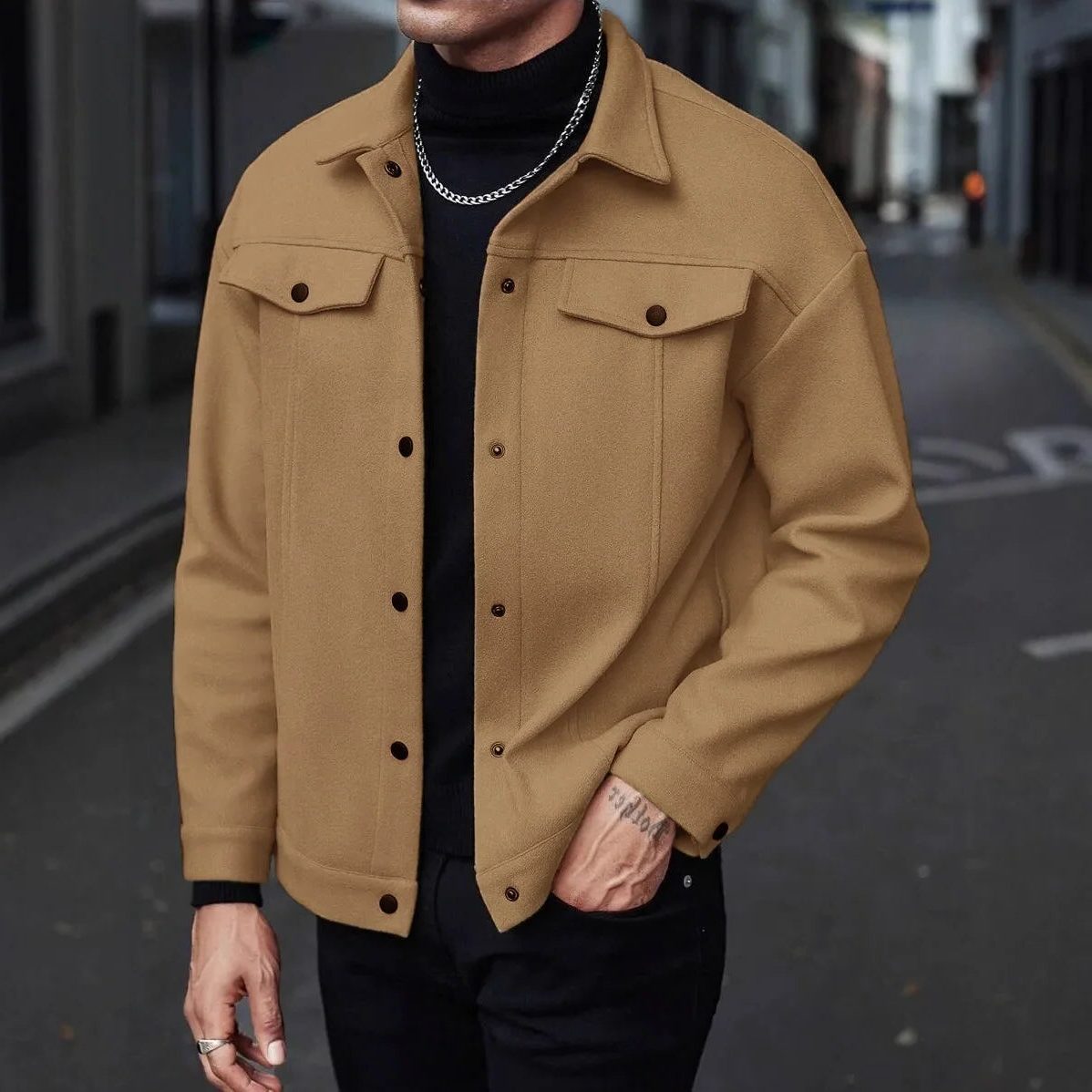 Wool Button-Up Jacket with Welt Pockets for Men