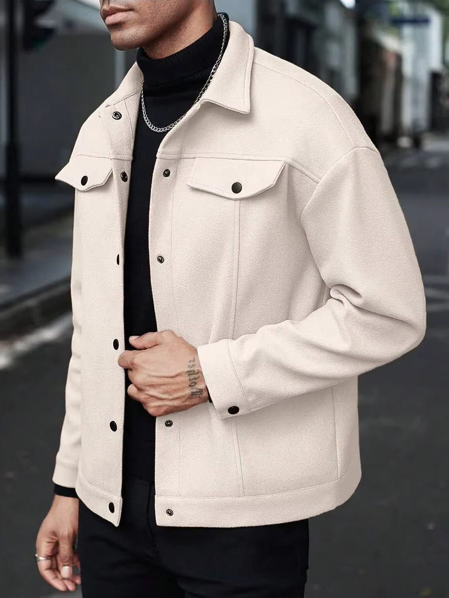 Wool Button-Up Jacket with Welt Pockets for Men