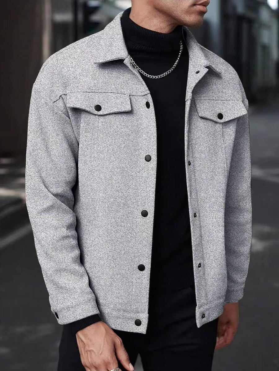 Wool Button-Up Jacket with Welt Pockets for Men