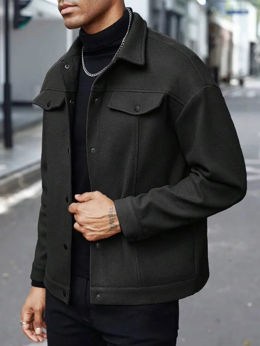 Wool Button-Up Jacket with Welt Pockets for Men