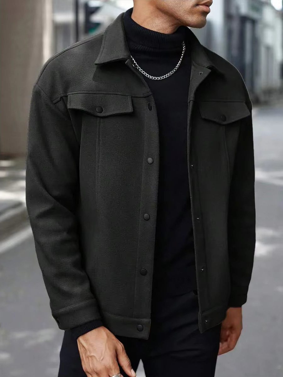 Wool Button-Up Jacket with Welt Pockets for Men