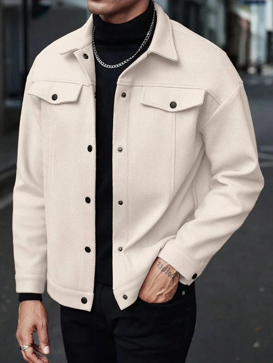 Wool Button-Up Jacket with Welt Pockets for Men