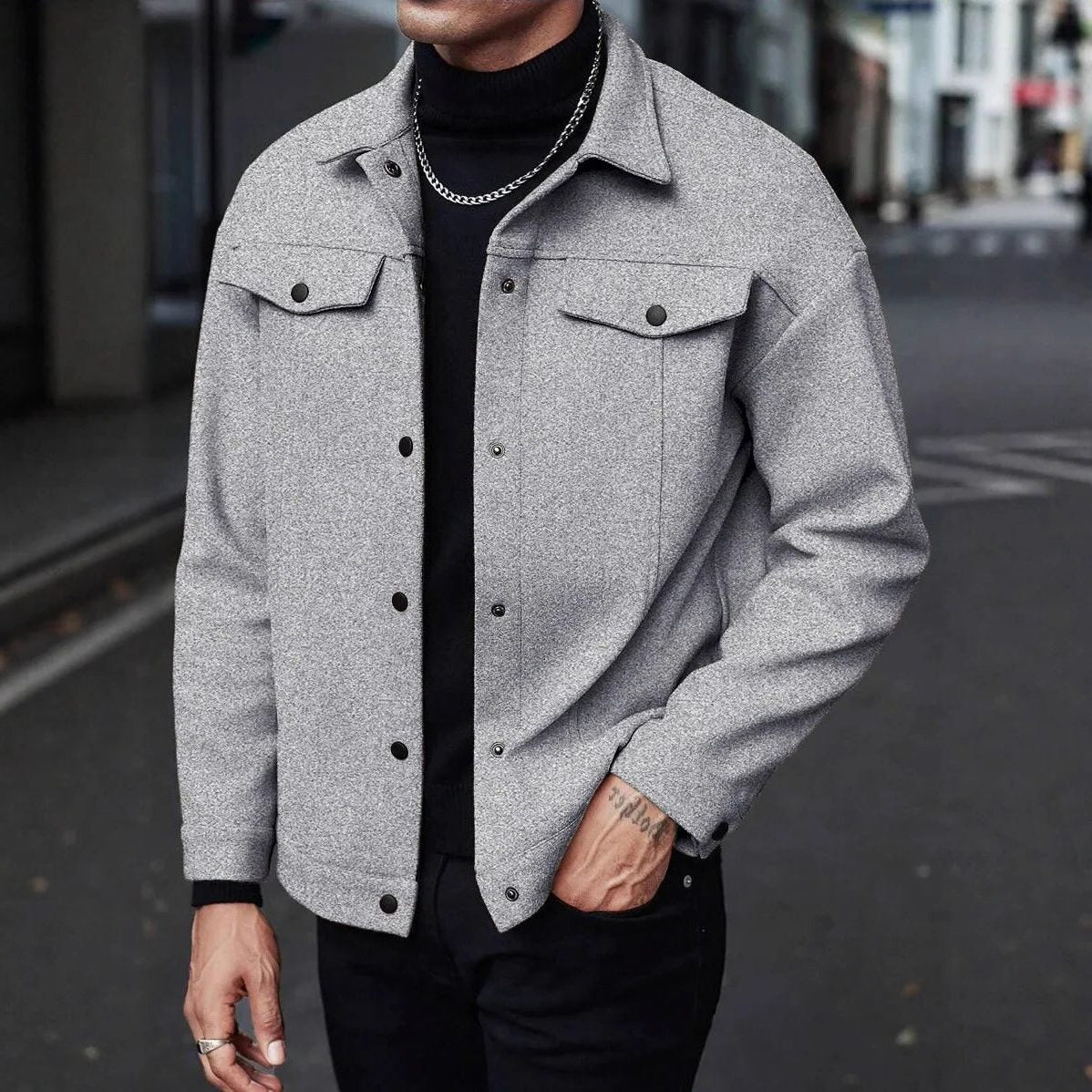 Wool Button-Up Jacket with Welt Pockets for Men