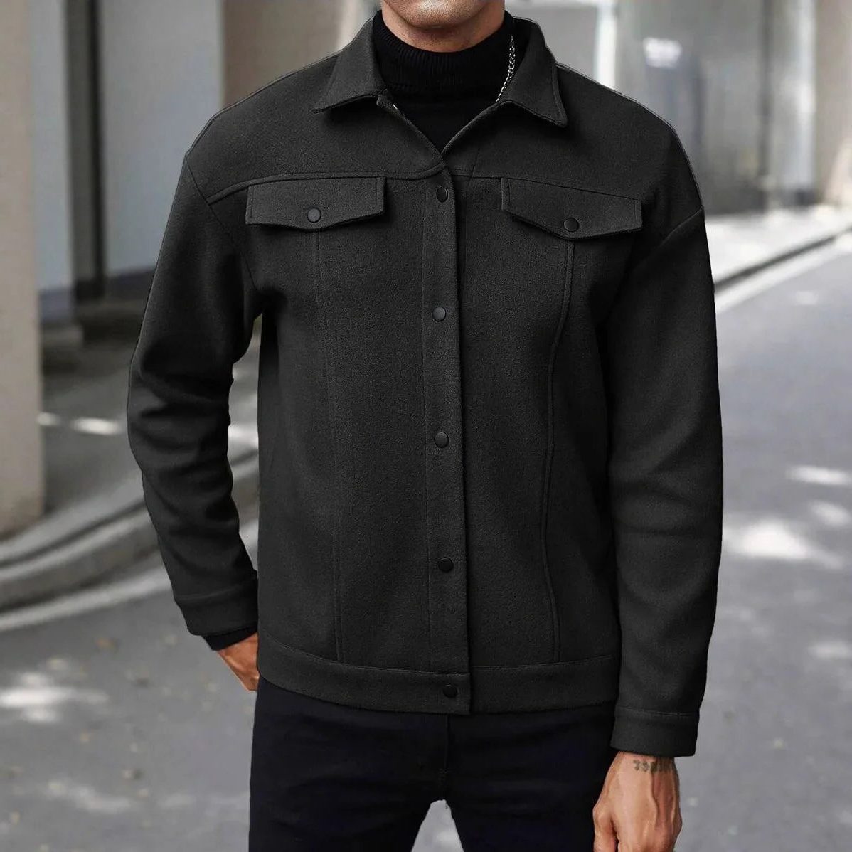 Wool Button-Up Jacket with Welt Pockets for Men