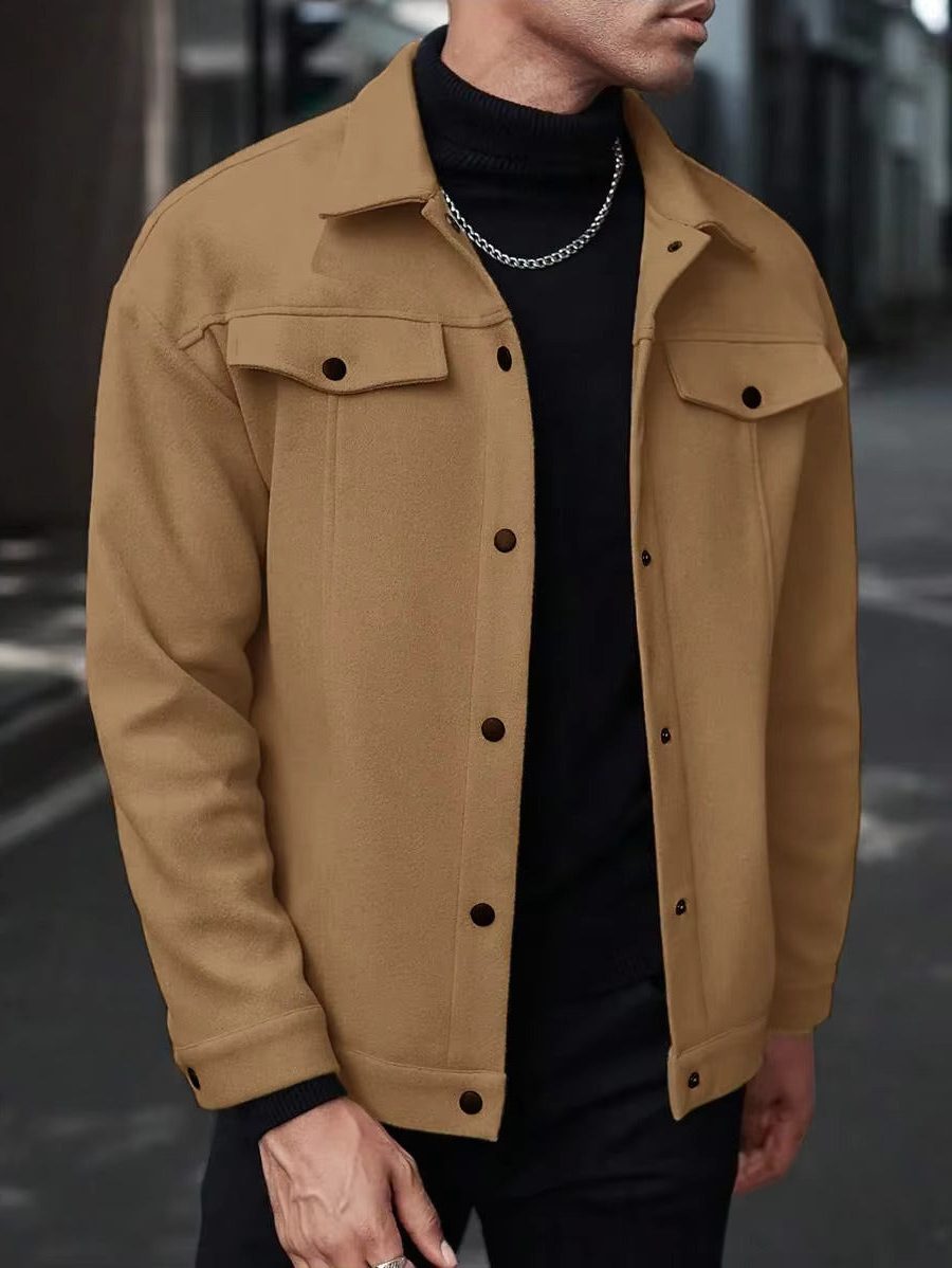 Wool Button-Up Jacket with Welt Pockets for Men